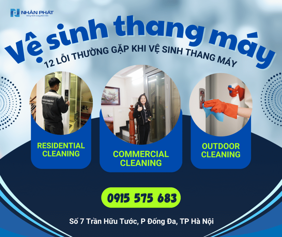 Blue Green and White Modern Cleaning Service Facebook Post Vệ sinh thang máy